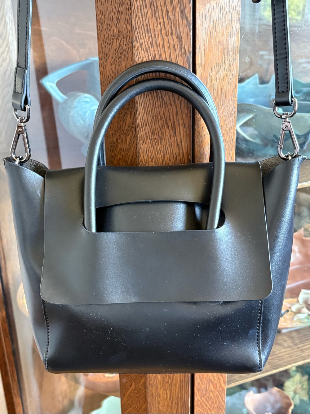 Leather VIEWINBOX Brand Black Shoulder Bag with Top Handles & Detachable Strap-